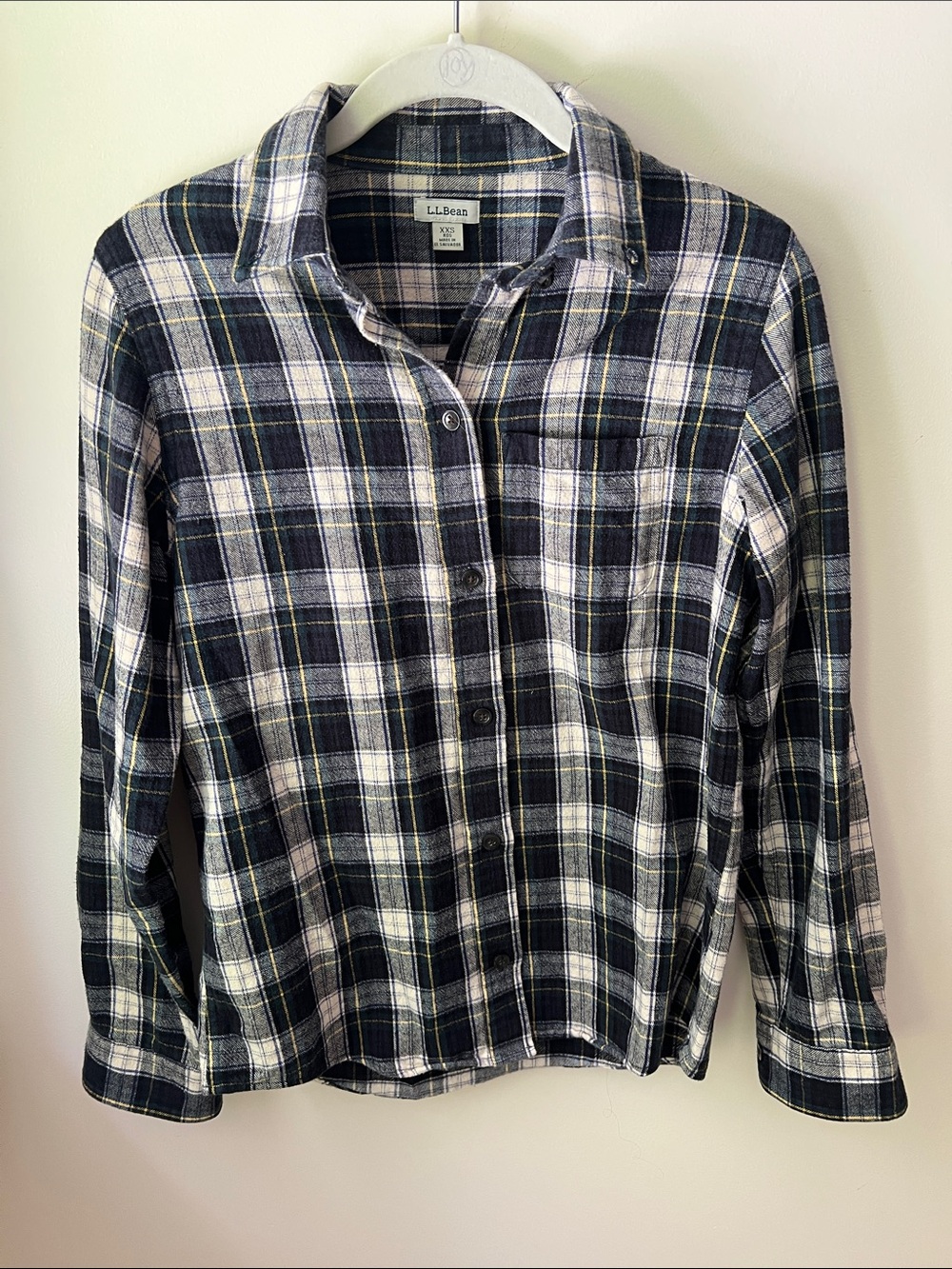 L.L. Bean Women's Navy, White and Yellow Plaid Button-Up Shirt